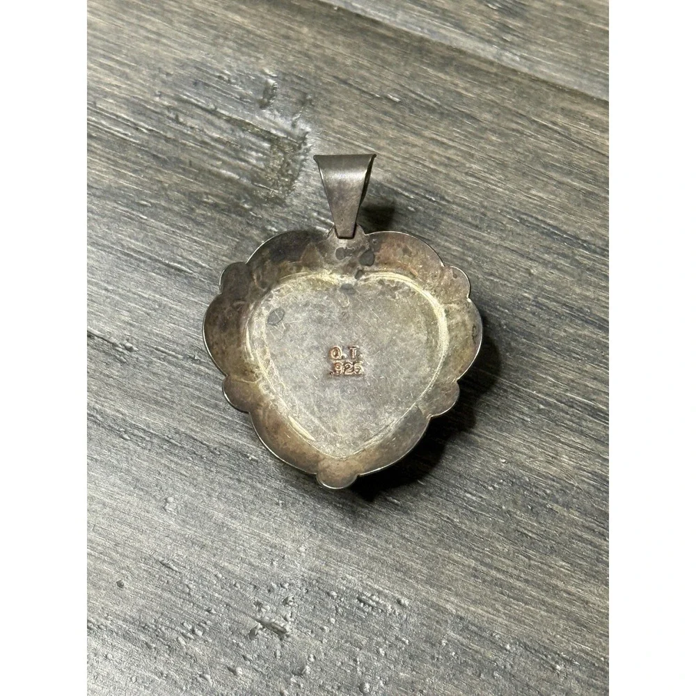 Vintage Signed QT Sterling Silver Turquoise Inlay Stone Heart Pendant Native